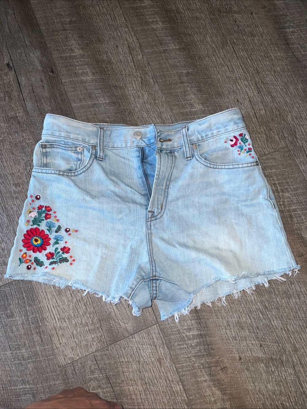 Madewell Light Wash Denim Shorts with Colorful Floral Embroidery